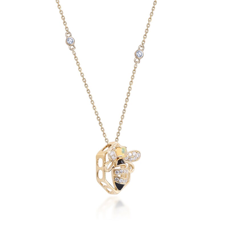 Main Image 2 of Previously Owned - 3.5mm Opal and 1/5 CT. T.W. Diamond Black Enamel Bee and Honeycomb Outline Pendant in 10K Gold