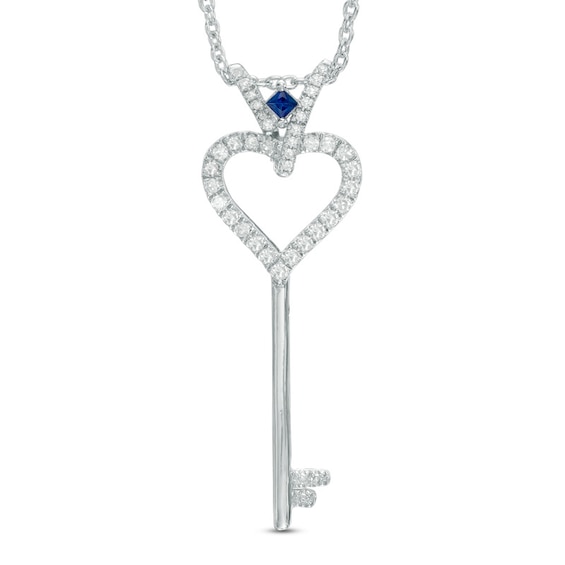 Previously Owned - Vera Wang Love Collection 1/5 CT. T.w. Diamond and Blue Sapphire Heart Key Pendant in Sterling Silver