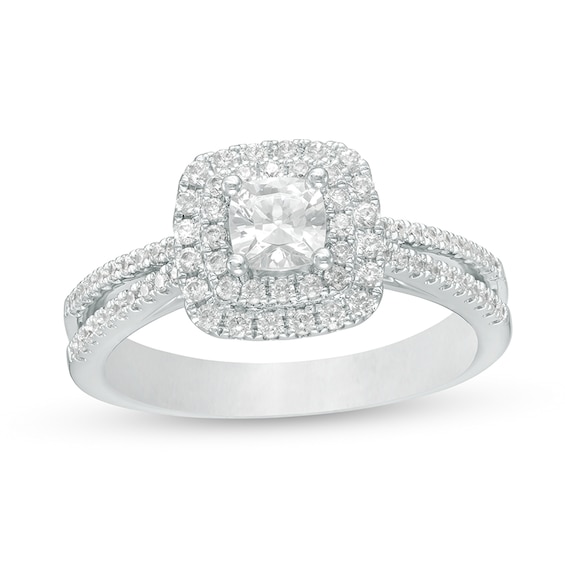 Previously Owned - Celebration Ideal 1 CT. T.w. Princess-Cut Diamond Double Frame Engagement Ring in 14K White Gold
