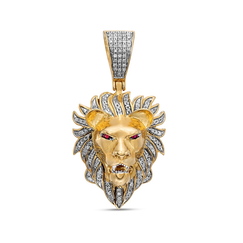 Main Image 1 of Previously Owned - 1/5 CT. T.W. Diamond and Lab-Created Ruby Lion Head Necklace Charm in 10K Gold