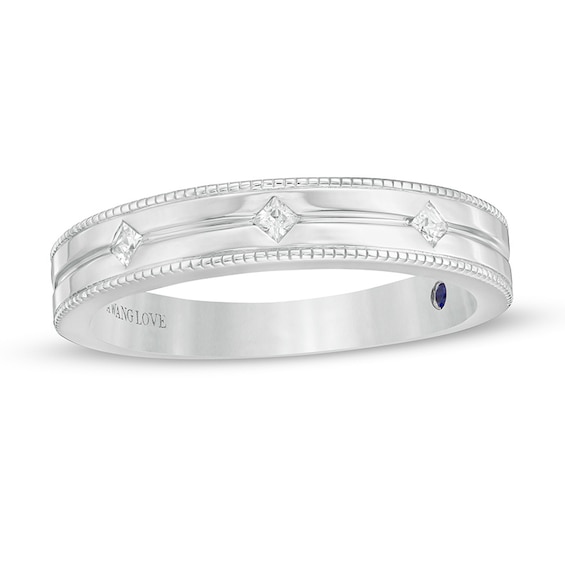 Previously Owned - Vera Wang Men's 1/10 CT. T.w. Square-Cut Diamond Three Stone Wedding Band in 14K White Gold
