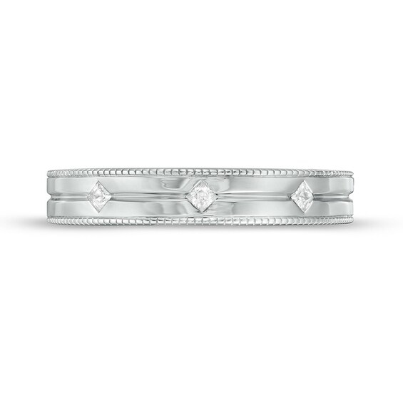 Previously Owned - Vera Wang Men's 1/10 CT. T.w. Square-Cut Diamond Three Stone Wedding Band in 14K White Gold