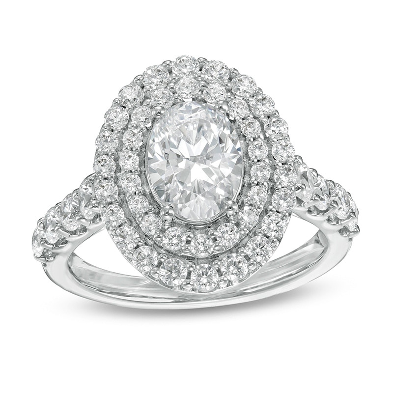 Main Image 1 of Previously Owned - 2-3/4 CT. T.W. Lab-Grown Oval Diamond Double Frame Engagement Ring in 14K White Gold (F/VS2)