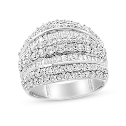 Previously Owned - 2 CT. T.W. Baguette and Round Diamond Edge Multi-Row Ring in Sterling Silver