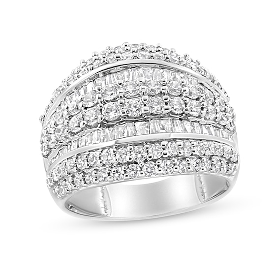 Previously Owned - 2 CT. T.w. Baguette and Round Diamond Edge Multi-Row Ring in Sterling Silver