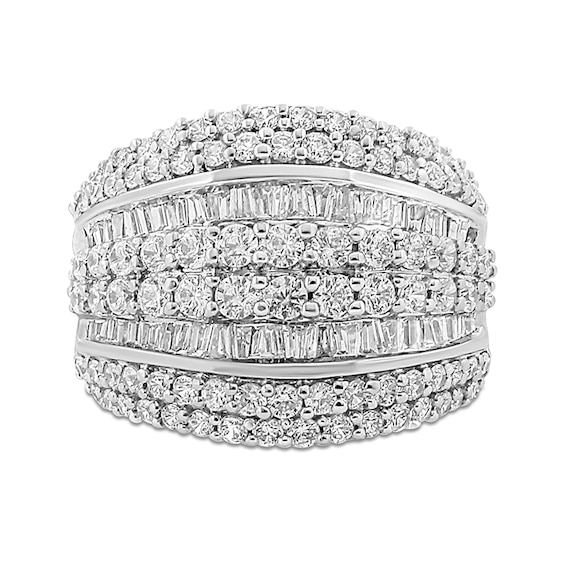 Previously Owned - 2 CT. T.w. Baguette and Round Diamond Edge Multi-Row Ring in Sterling Silver