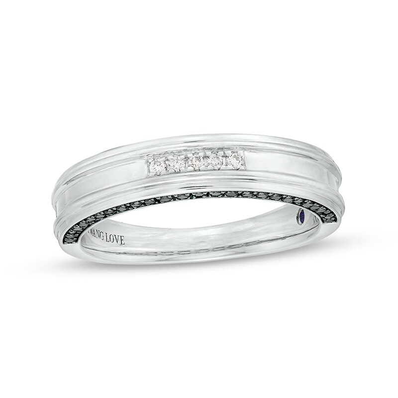 Main Image 1 of Previously Owned - Vera Wang Men's 1/3 CT. T.W. Black and White Diamond Grooved Wedding Band in 14K White Gold