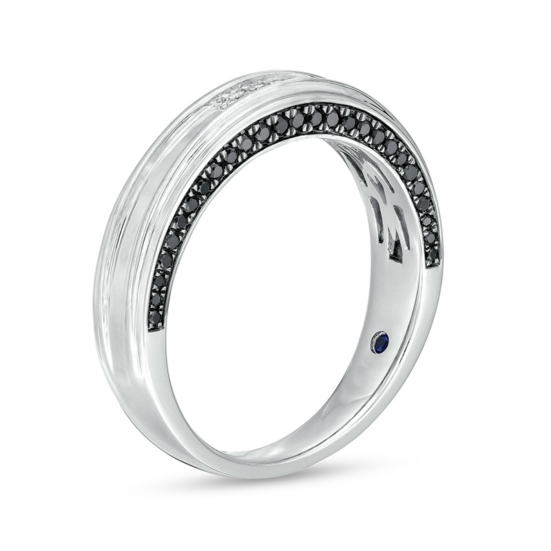 Main Image 2 of Previously Owned - Vera Wang Men's 1/3 CT. T.W. Black and White Diamond Grooved Wedding Band in 14K White Gold