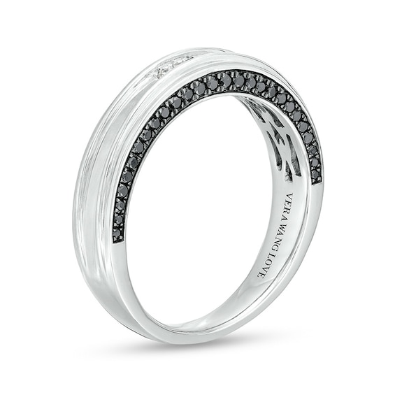 Previously Owned - Vera Wang Men's 1/3 CT. T.w. Black and White Diamond Grooved Wedding Band in 14K White Gold