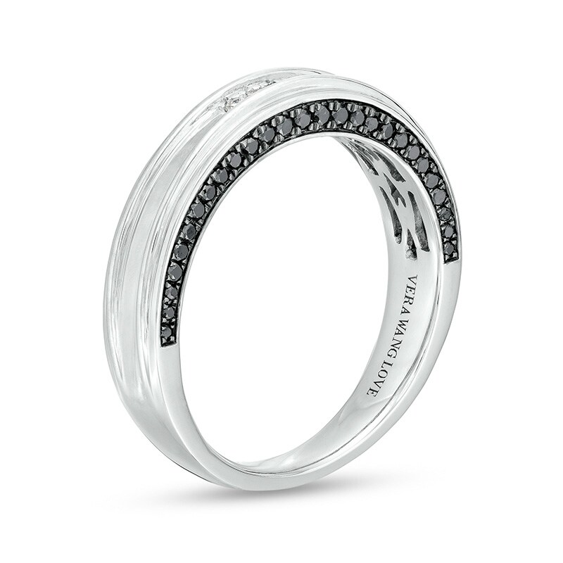 Main Image 3 of Previously Owned - Vera Wang Men's 1/3 CT. T.W. Black and White Diamond Grooved Wedding Band in 14K White Gold