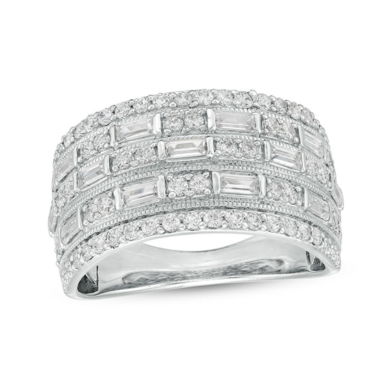 Previously Owned - 1 CT. T.w. Baguette and Round Diamond Vintage-Style Multi-Row Anniversary Band in 10K White Gold