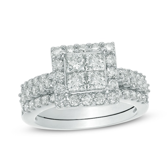 Previously Owned - 2 CT. T.w. Quad Princess-Cut Diamond Three Piece Bridal Set in 14K White Gold