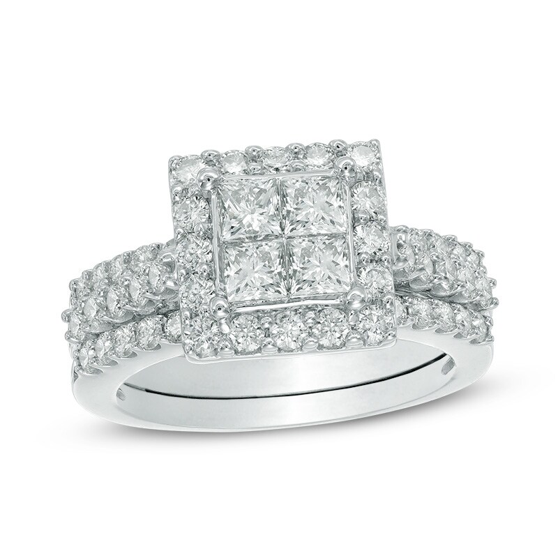 Main Image 1 of Previously Owned - 2 CT. T.W. Quad Princess-Cut Diamond Three Piece Bridal Set in 14K White Gold