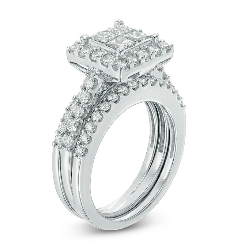 Main Image 2 of Previously Owned - 2 CT. T.W. Quad Princess-Cut Diamond Three Piece Bridal Set in 14K White Gold