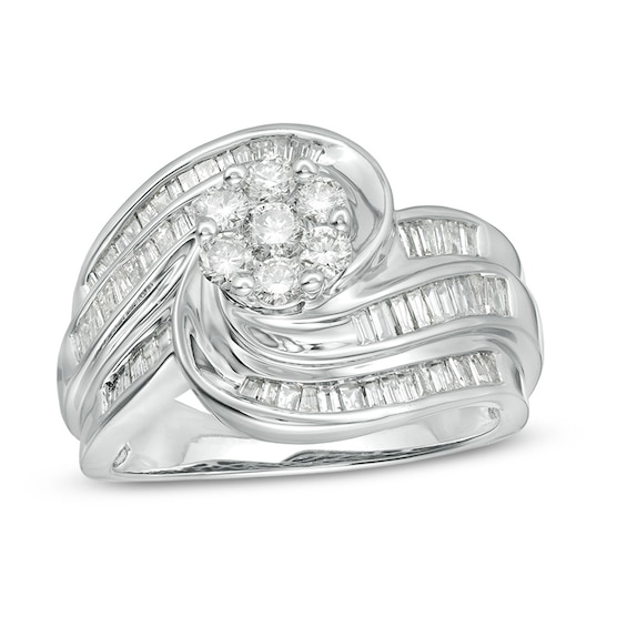 Previously Owned - 1 CT. T.w. Composite Diamond Frame Multi-Row Swirl Bypass Ring in 10K White Gold