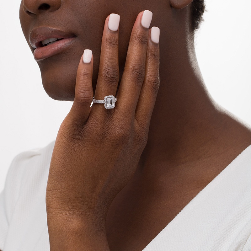 Main Image 2 of Previously Owned - 2 CT. T.W. Lab-Grown Emerald-Cut Diamond Frame Engagement Ring in 14K White Gold (F/VS2)