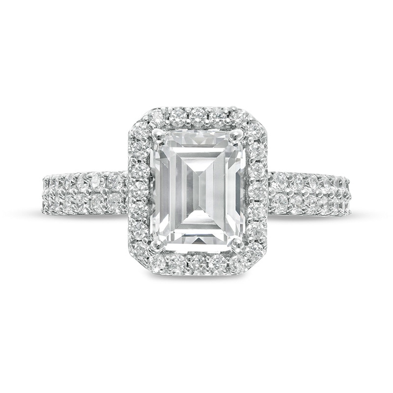 Main Image 4 of Previously Owned - 2 CT. T.W. Lab-Grown Emerald-Cut Diamond Frame Engagement Ring in 14K White Gold (F/VS2)