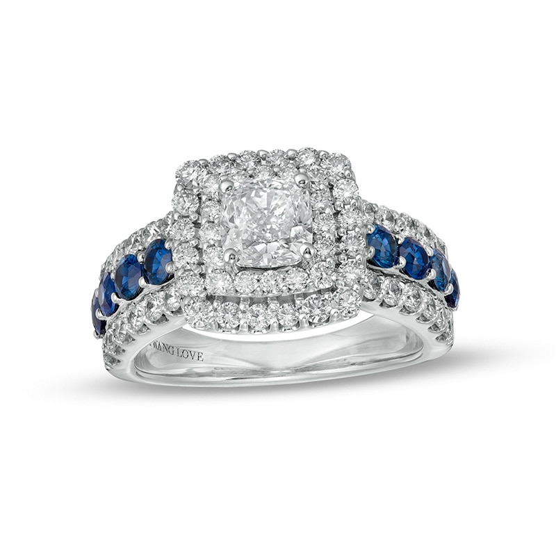 Main Image 1 of Previously Owned - Vera Wang Love Collection 2 CT. T.W. Lab-Grown Diamond and Sapphire Engagement Ring in 14K White Gold