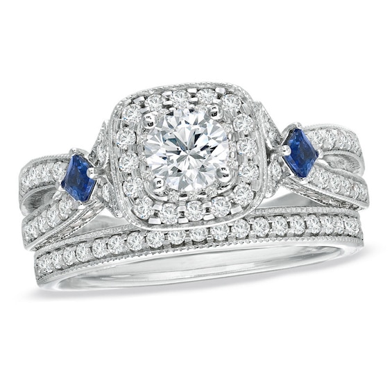 Previously Owned - Vera Wang Love Collection 1-1/5 CT. T.w. Diamond and Sapphire Frame Bridal Set in 14K White Gold