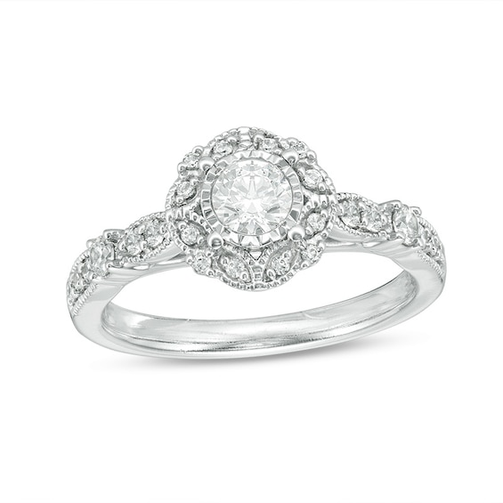 Previously Owned - 5/8 CT. T.w. Diamond Frame Vintage-Style Engagement Ring in 14K White Gold