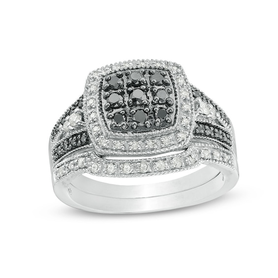 Previously Owned - 1/2 CT. T.w. Black and White Multi-Diamond Cushion Frame Vintage-Style Bridal Set in Sterling Silver