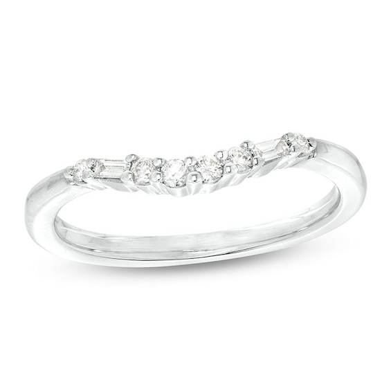 Previously Owned - 1/6 CT. T.w. Baguette and Round Diamond Contour Wedding Band in 14K White Gold