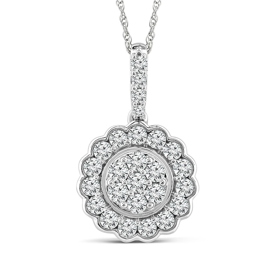 Previously Owned - 3/4 CT. T.w. Multi-Diamond Flower Frame Pendant in 14K White Gold