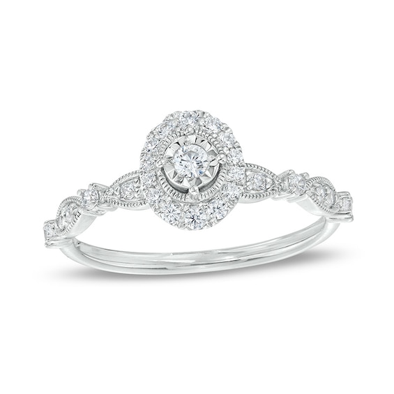 Previously Owned - 1/4 CT. T.w. Diamond Oval Frame Alternating Shank Vintage-Style Engagement Ring in 10K White Gold