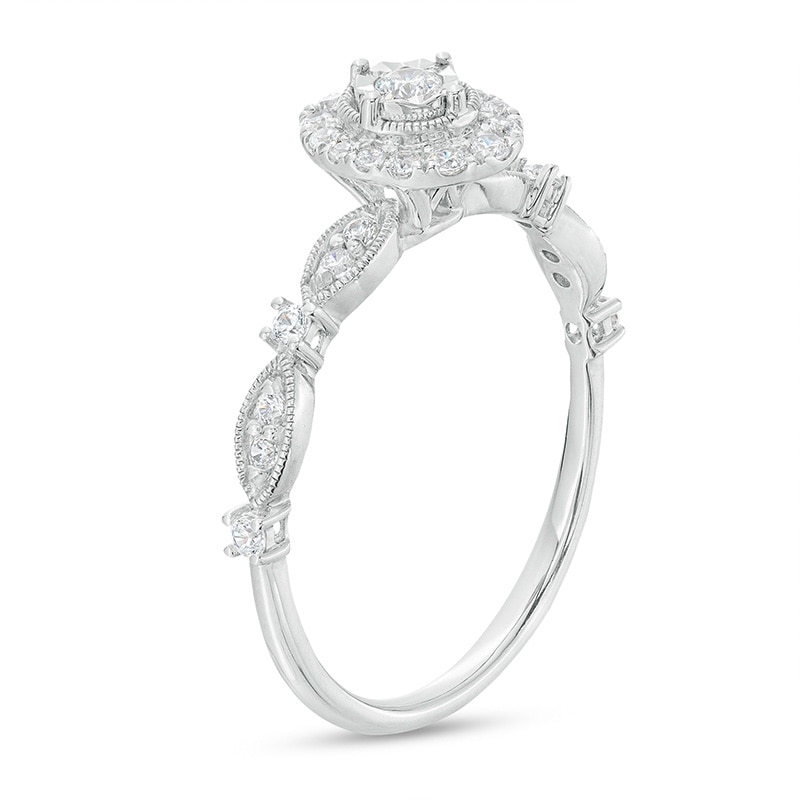 Main Image 3 of Previously Owned - 1/4 CT. T.W. Diamond Oval Frame Alternating Shank Vintage-Style Engagement Ring in 10K White Gold