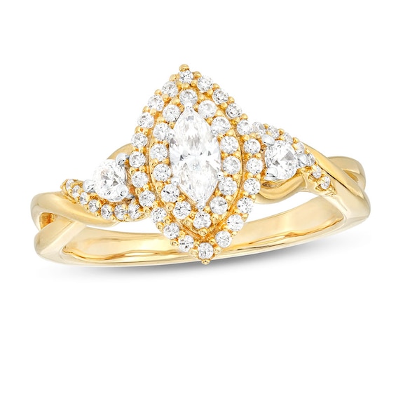 Previously Owned - 5/8 CT. T.w. Marquise Diamond Frame Past Present Future® Twist Shank Engagement Ring in 10K Gold