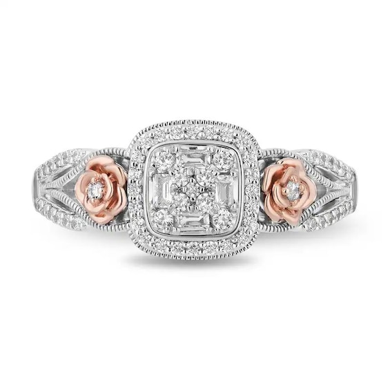 Previously Owned - Enchanted Disney Belle 1/3 CT. T.w. Cushion Multi-Diamond Ring in Sterling Silver and 10K Rose Gold