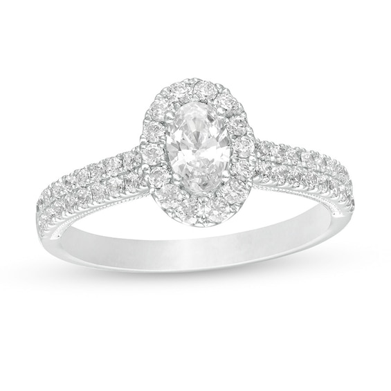 Previously Owned - 1 CT. T.w. GIA-Graded Oval Diamond Frame Vintage-Style Engagement Ring in 14K White Gold (I/Si2)