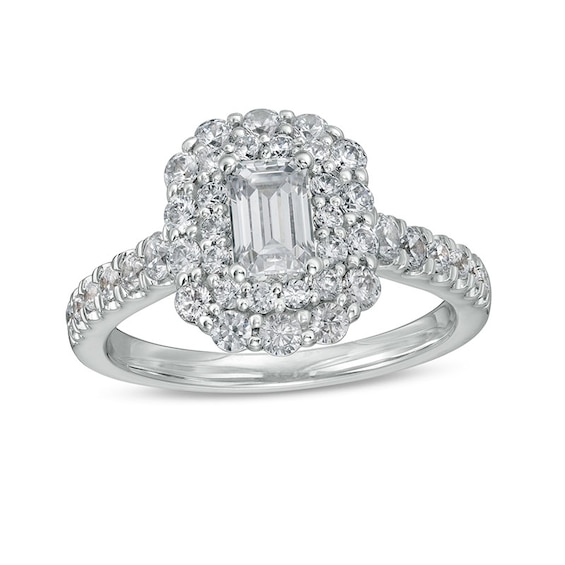 Previously Owned - 1-1/2 CT. T.w. Emerald-Cut Diamond Double Scallop Frame Engagement Ring in 14K White Gold (I/Si2)
