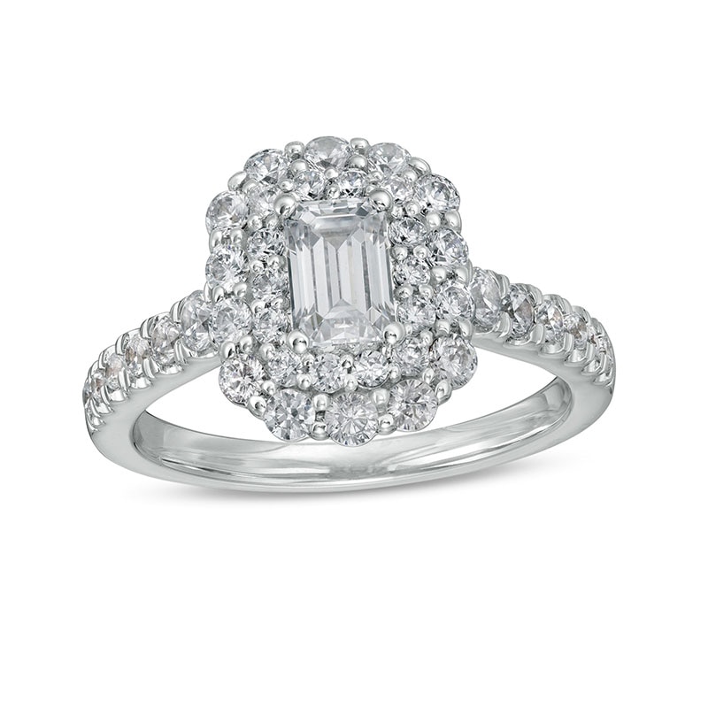 Main Image 1 of Previously Owned - 1-1/2 CT. T.W. Emerald-Cut Diamond Double Scallop Frame Engagement Ring in 14K White Gold (I/SI2)
