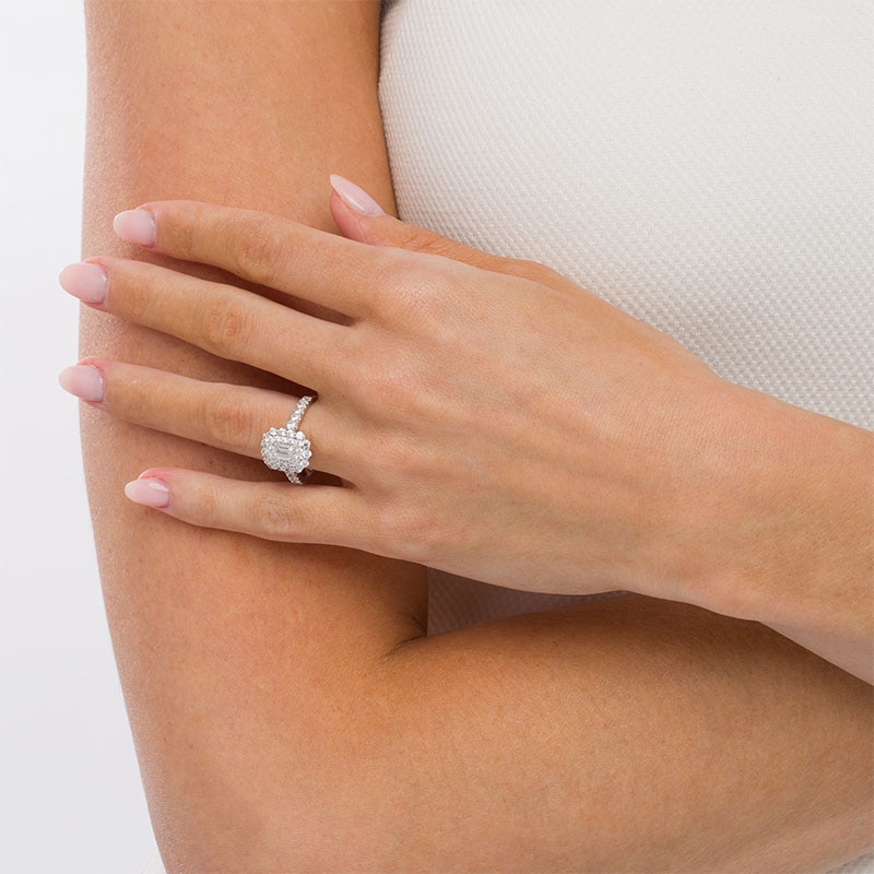 Main Image 2 of Previously Owned - 1-1/2 CT. T.W. Emerald-Cut Diamond Double Scallop Frame Engagement Ring in 14K White Gold (I/SI2)