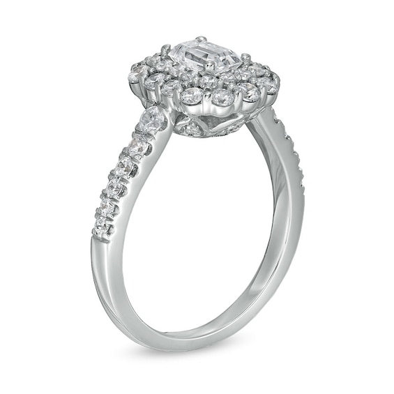 Previously Owned - 1-1/2 CT. T.w. Emerald-Cut Diamond Double Scallop Frame Engagement Ring in 14K White Gold (I/Si2)