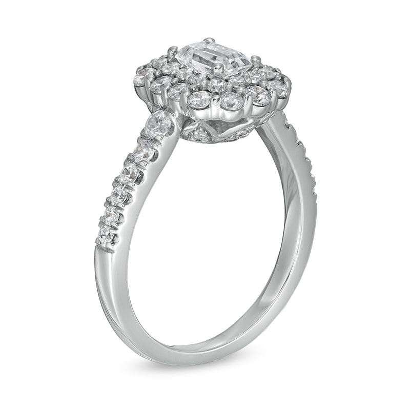 Main Image 3 of Previously Owned - 1-1/2 CT. T.W. Emerald-Cut Diamond Double Scallop Frame Engagement Ring in 14K White Gold (I/SI2)