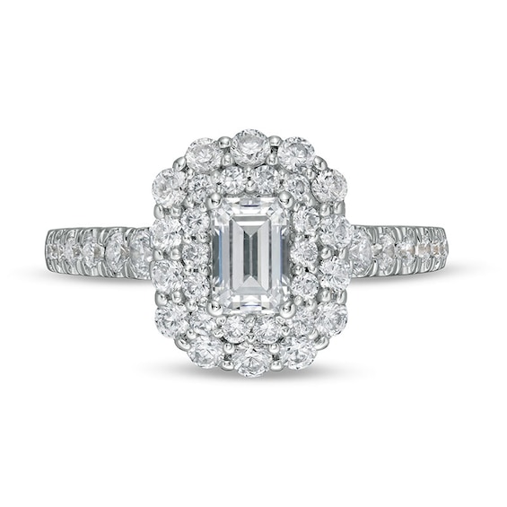 Previously Owned - 1-1/2 CT. T.w. Emerald-Cut Diamond Double Scallop Frame Engagement Ring in 14K White Gold (I/Si2)