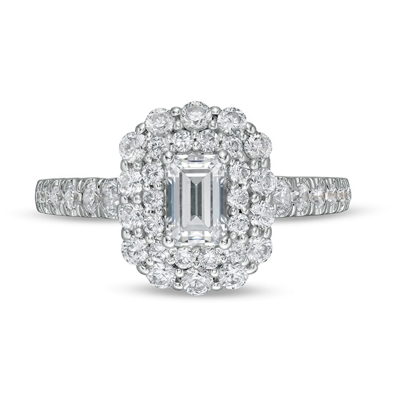 Main Image 4 of Previously Owned - 1-1/2 CT. T.W. Emerald-Cut Diamond Double Scallop Frame Engagement Ring in 14K White Gold (I/SI2)