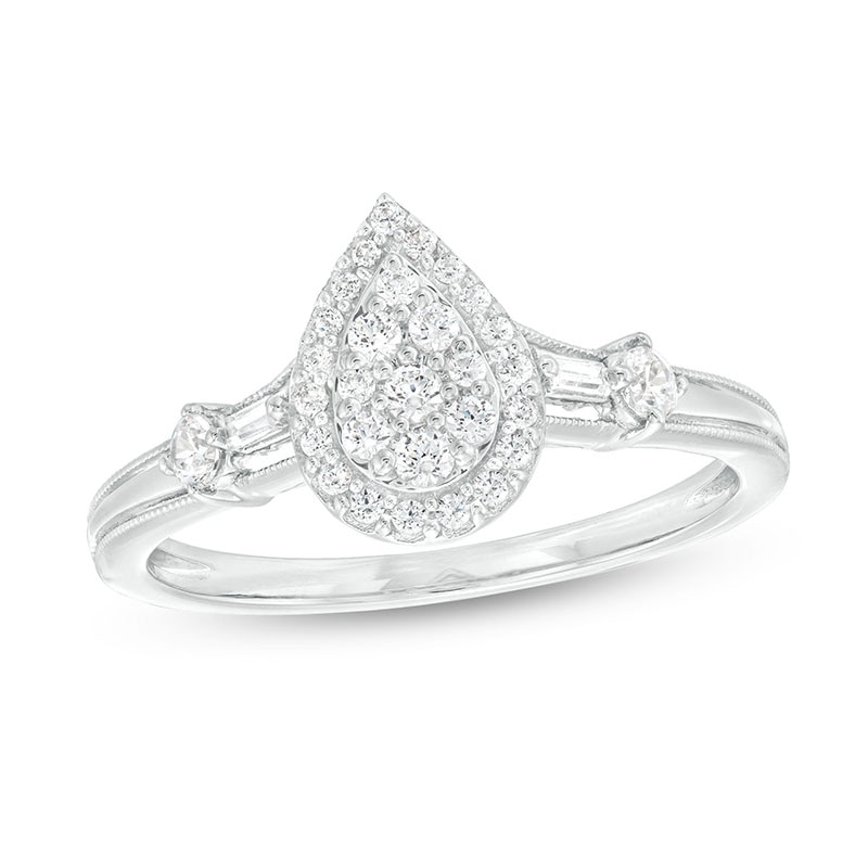 Main Image 1 of Previously Owned - 1/3 CT. T.W. Pear-Shaped Multi-Diamond Frame Vintage-Style Engagement Ring in 10K White Gold