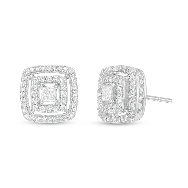 Main Image 1 of Previously Owned - 1/2 CT. T.W. Princess-Cut Diamond Double Frame Stud Earrings in 10K White Gold