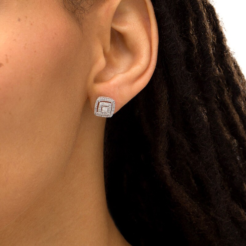 Main Image 2 of Previously Owned - 1/2 CT. T.W. Princess-Cut Diamond Double Frame Stud Earrings in 10K White Gold