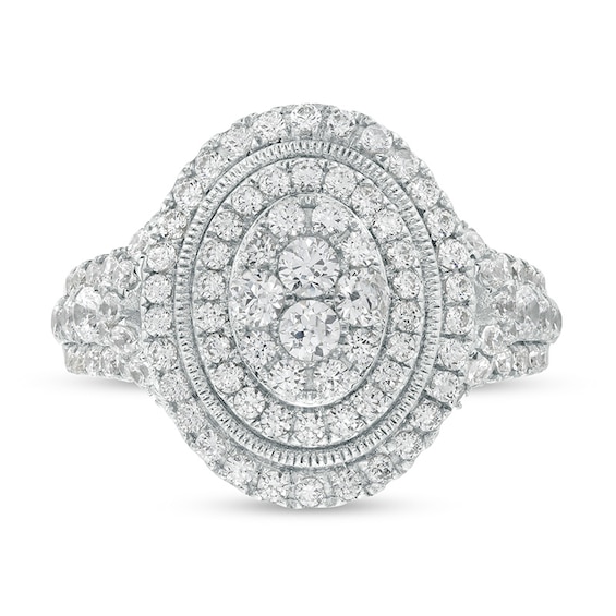 Previously Owned - 1-1/4 CT. T.w. Oval-Shaped Lab-Grown Multi-Diamond Double Frame Engagement Ring in 10K White Gold