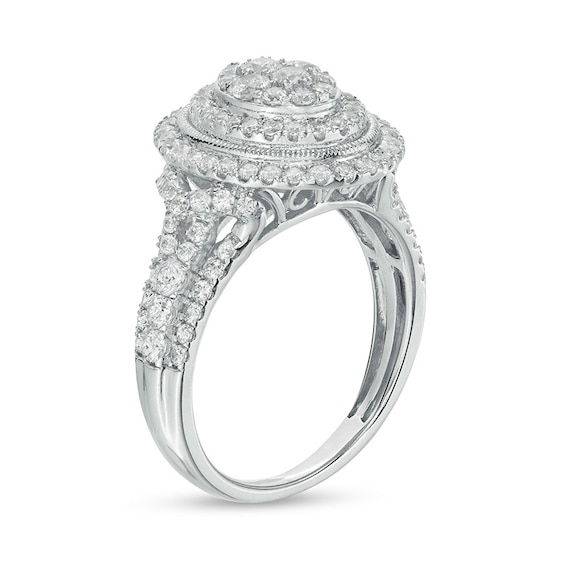 Previously Owned - 1-1/4 CT. T.w. Oval-Shaped Lab-Grown Multi-Diamond Double Frame Engagement Ring in 10K White Gold
