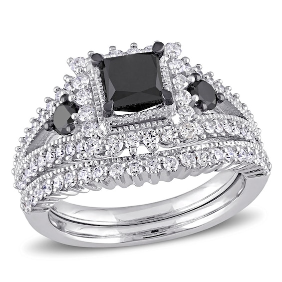 Previously Owned - 2 CT. T.w. Princess-Cut Black and White Diamond Milgrain Split Shank Bridal Set in 10K White Gold