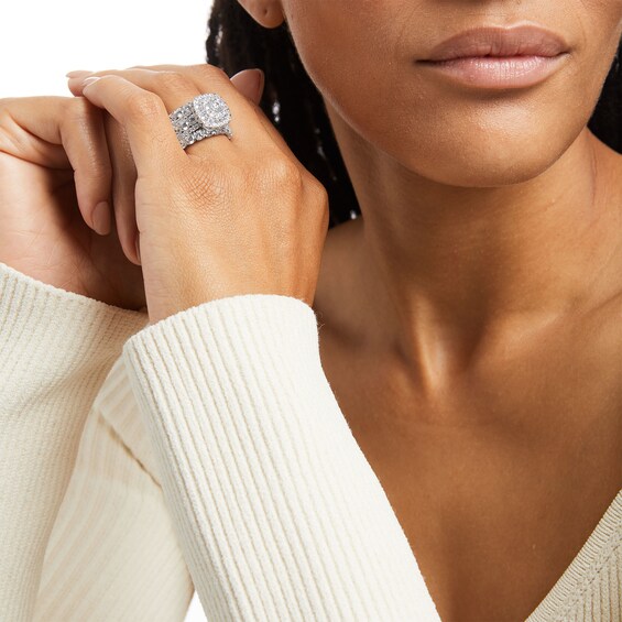 Previously Owned - 5 CT. T.w. Diamond Cushion-Shaped Frame Multi-Row Three Piece Bridal Set in 14K White Gold