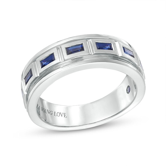 Previously Owned - Vera Wang Men's Men’s Sideways Baguette-Cut Blue Sapphire Band in 14K White Gold