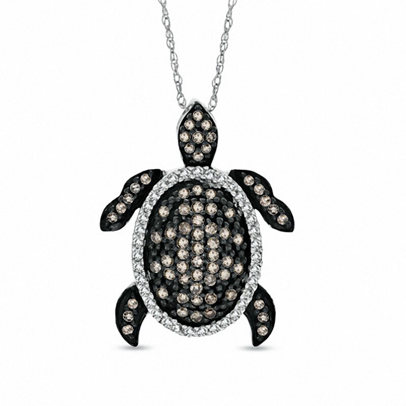 Main Image 1 of Previously Owned - 1/2 CT. T.W. Champagne and White Diamond Turtle Pendant in 10K White Gold