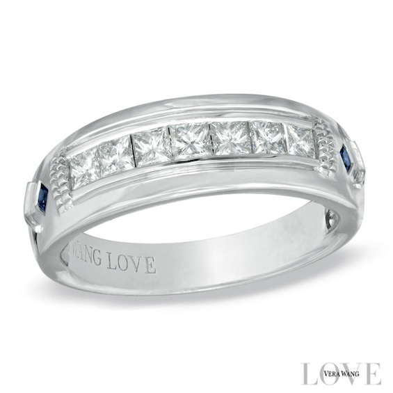 Previously Owned - Vera Wang Men's 3/4 CT. T.w. Diamond and Blue Sapphire Wedding Band in 14K White Gold