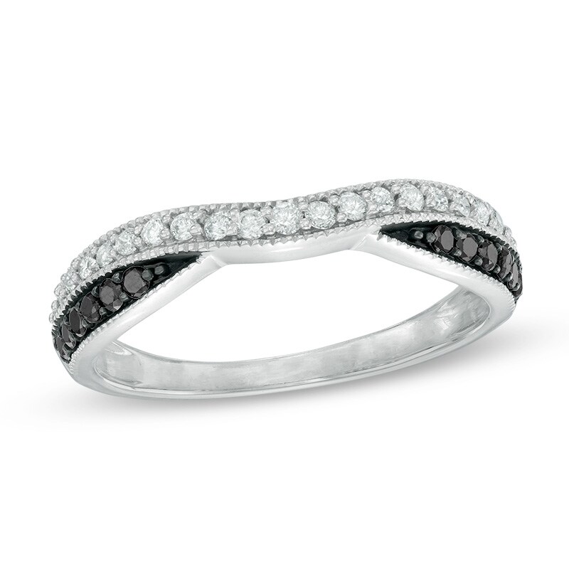 Main Image 1 of Previously Owned - 1/3 CT. T.W.  Black and White Diamond Contour Anniversary Band in 14K White Gold